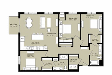 A floor plan of a house with a balcony, two bedrooms, a living room, a kitchen, a bathroom, a laundry room, and a closet.