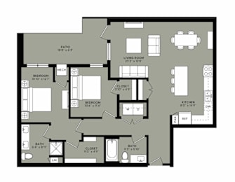 A floor plan of a house with a living room, two bedrooms, a bathroom, a kitchen, a patio, and a closet.