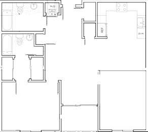 A black and white floor plan of a house with a kitchen, living room, and bathroom.