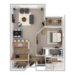 A 3D floor plan of a small apartment with a kitchen, living room, and bathroom.