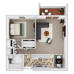 A top-down view of a small apartment with a bedroom, living room, and kitchen.