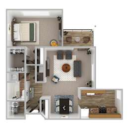 A 3D floor plan of a small apartment with a kitchen, living room, and bathroom.