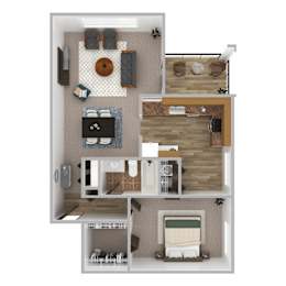 A top-down view of a small apartment layout with a kitchen, living room, and bedroom.