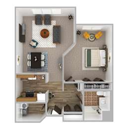 A top-down view of a small apartment with a kitchen, living room, and bedroom.