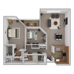 A 3D rendered image of a small apartment layout.