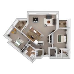 A top-down view of a house layout with various rooms and furniture.