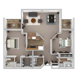 A 3D floor plan of a house with multiple rooms and furniture.