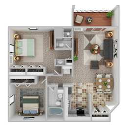 A top-down view of a small apartment with a bedroom, living room, kitchen, and bathroom.