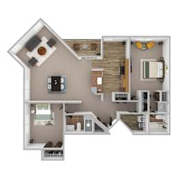 A 3D rendered image of a house layout with a living room, kitchen, and two bedrooms.
