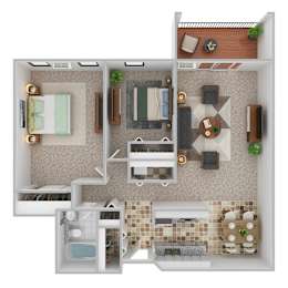 A top-down view of a small apartment with a kitchen, living room, and bathroom.