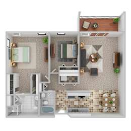 A top-down view of a small apartment with a kitchen, living room, and bathroom.