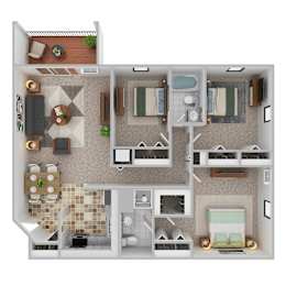 A 3D floor plan of a small apartment with a kitchen, living room, and bedroom.