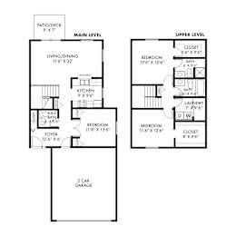 A floor plan of a two-story house with a garage.