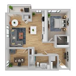 A top-down view of a modern apartment layout with a living room, kitchen, and bedroom.