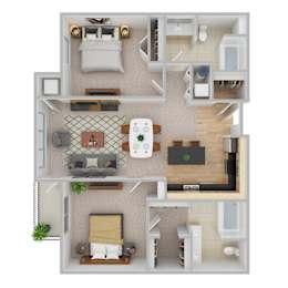 A top-down view of a small apartment with a kitchen, living room, and bedroom.