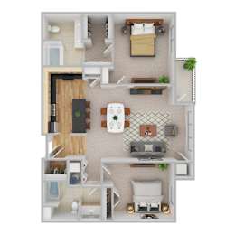 A top-down view of a small apartment with a kitchen, living room, and bathroom.