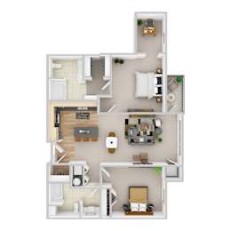 A top-down view of a small apartment with a kitchen, living room, and bedroom.