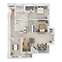 A 3D floor plan of a small apartment with a kitchen, living room, and bathroom.