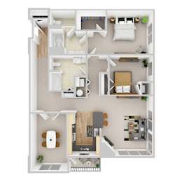 A 3D floor plan of a small apartment with a kitchen, living room, and bathroom.