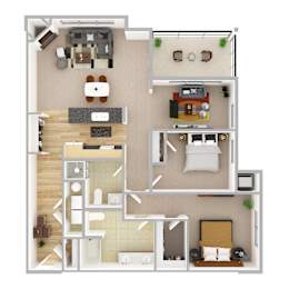 A top-down view of a house layout with a kitchen, living room, dining area, and bedrooms.