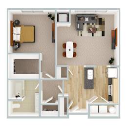 A top-down view of a living room, kitchen, and bathroom layout.