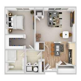 A top-down view of a small apartment with a kitchen, living room, and bathroom.