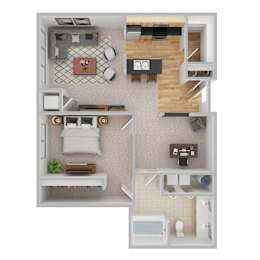 A top-down view of a small apartment with a bedroom, living room, kitchen, and bathroom.