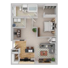 A top-down view of a small apartment with a kitchen, living room, and bedroom.