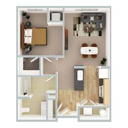 A top-down view of a small apartment with a bedroom, living room, and bathroom.