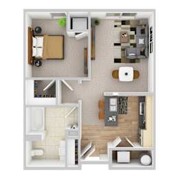 A top-down view of a small apartment with a bedroom, living room, and kitchen.