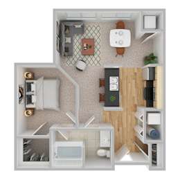 A top-down view of a small apartment with a kitchen, living room, and bathroom.