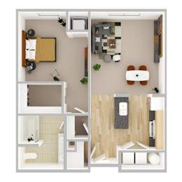 A top-down view of a small apartment with a kitchen, living room, and bathroom.