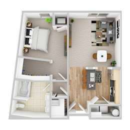 A 3D floor plan of a small apartment with a kitchen, living room, and bedroom.