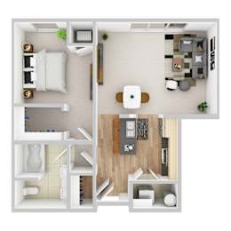 A top-down view of a small apartment with a kitchen, living room, and bathroom.