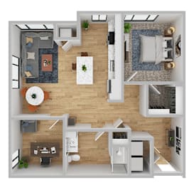 A top-down view of a modern apartment layout with a living room, kitchen, and dining area.