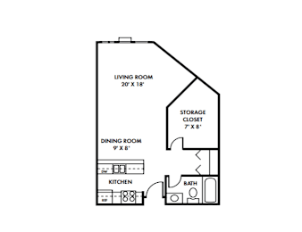 A floor plan of a small apartment with a living room, dining room, kitchen, and bath.