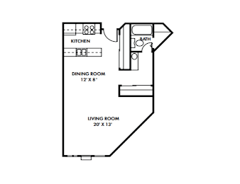 A floor plan of a small apartment with a kitchen, dining room, and living room.