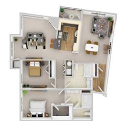 A 3D floor plan of a house with a kitchen, living room, dining room, and bathroom.