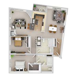 A top-down view of a small apartment with a living room, kitchen, and bathroom.