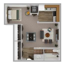 A top-down view of a small apartment with a bed, a kitchen, and a bathroom.