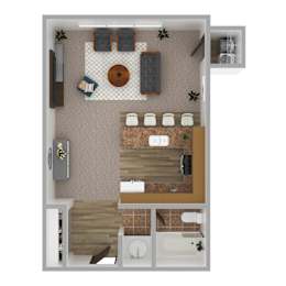 A top down view of a small apartment with a kitchen, living room, and bathroom.