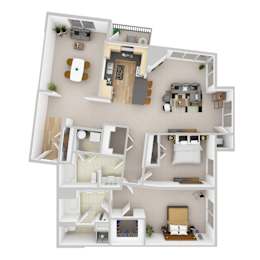 A 3D floor plan of a house with multiple rooms and furniture.