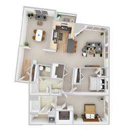 A 3D floor plan of a small apartment with a kitchen, living room, bedroom, and bathroom.