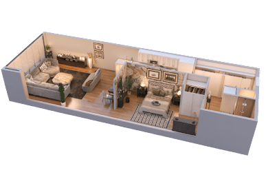 A 3D rendered image of a modern apartment layout.