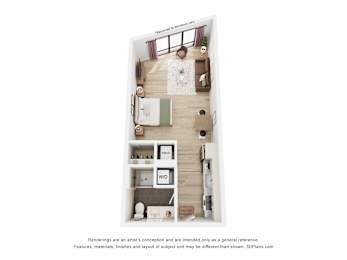 A 3D floor plan of a small apartment with a kitchen, living room, and bathroom.