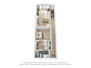 A 3D floor plan of a small apartment with a kitchen, living room, and bathroom.