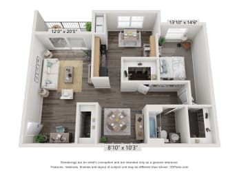 A1 One Bedroom Floor Plan at Rivers Landing Apartments and Townhomes,  Hampton, VA