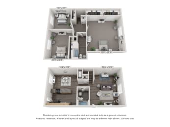 Three Bedroom Floor Plan at Rivers Landing Apartments and Townhomes, Hampton, Virginia