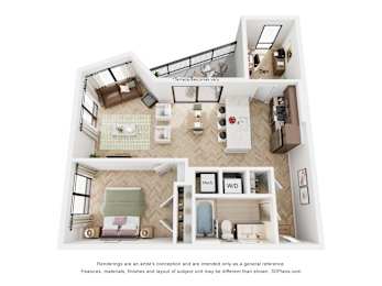 A 3D floor plan of a house with labeled rooms.