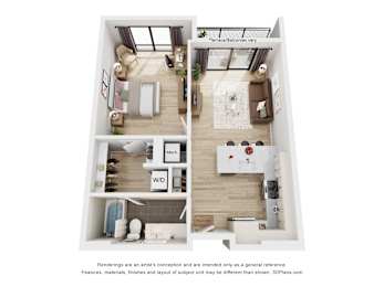 A 3D floor plan of a small apartment with a kitchen, living room, and bathroom.